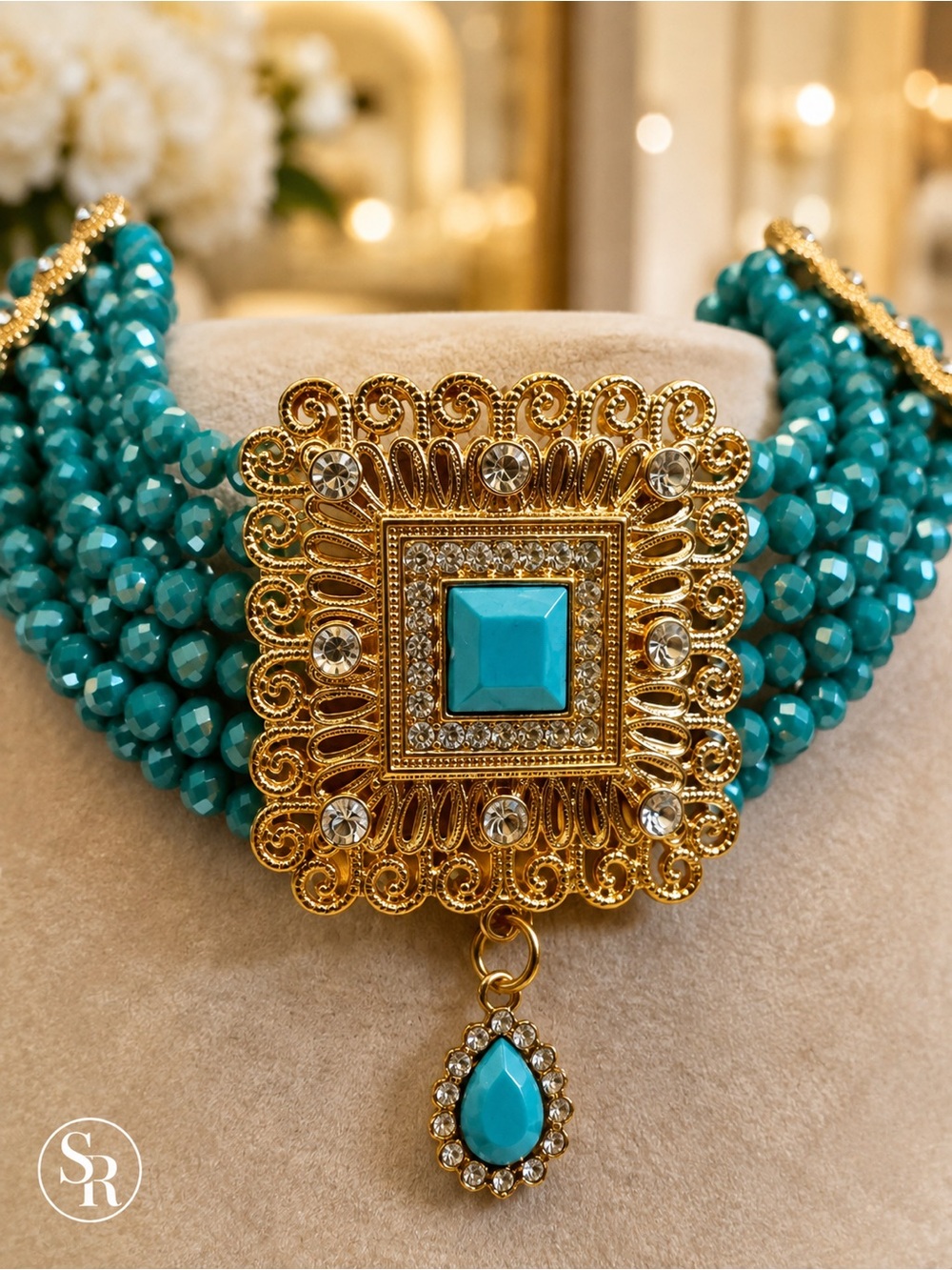 Turquoise Acrylic Multi-Strand Choker Necklace & Drop Earrings Statement Set - Picture 2 of 7